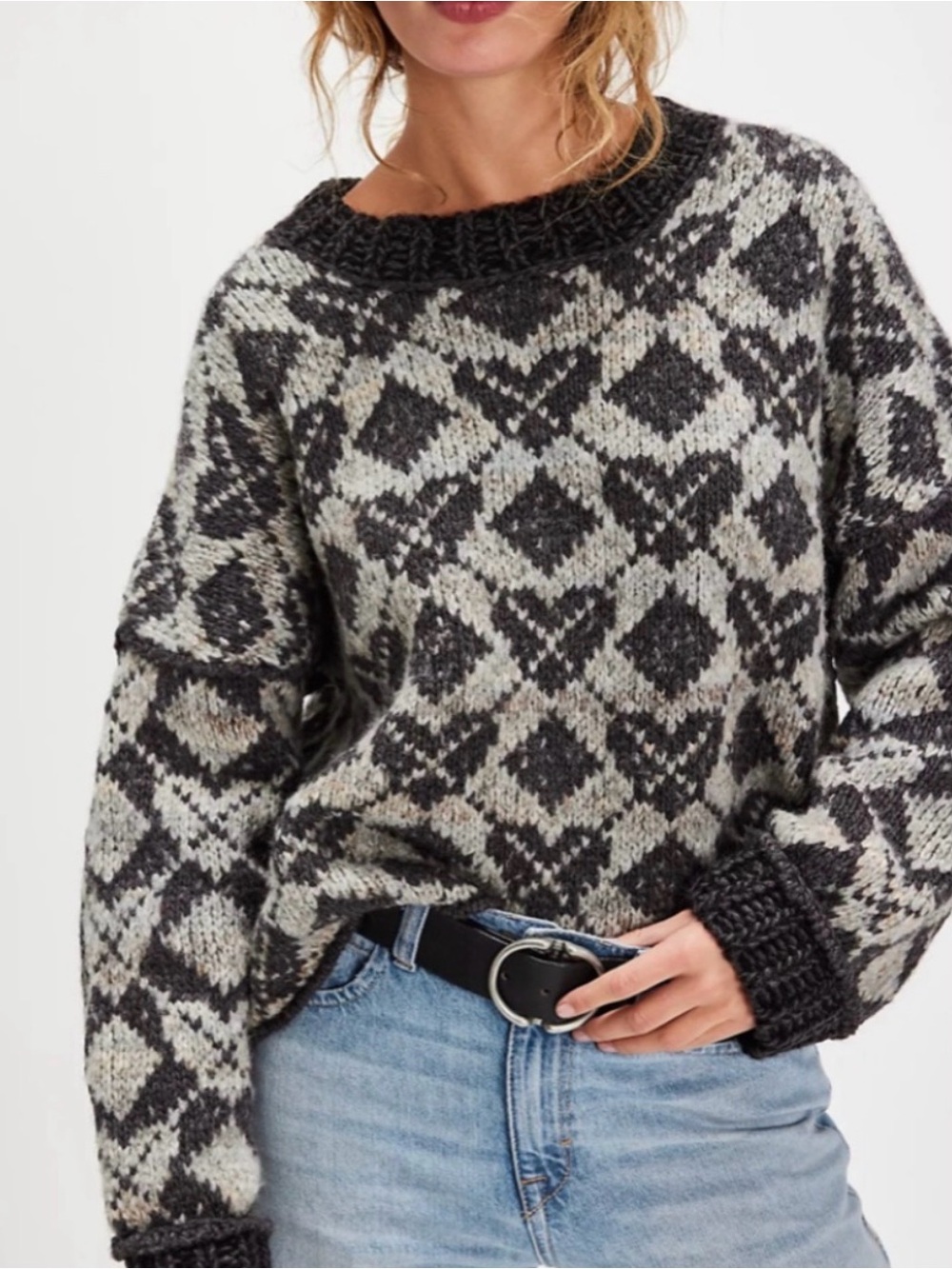 Free People Heart Argyle Knit Crew Neck Sweater Long Sleeve Comfy Cozy Top